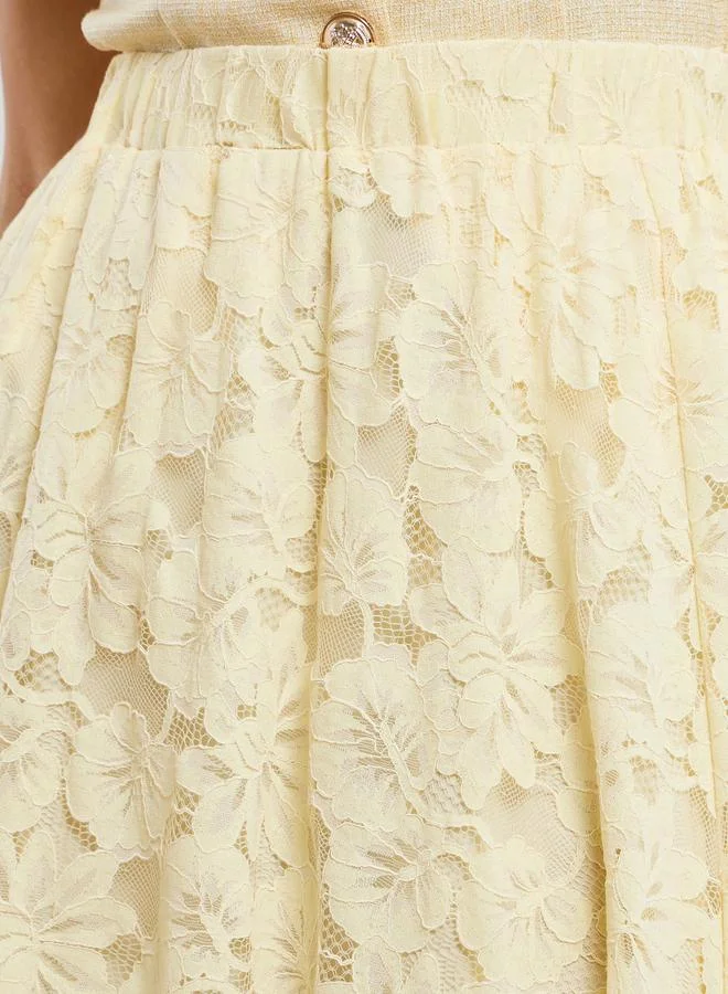 Styli Women Yellow Lace Flared Midi Skirt